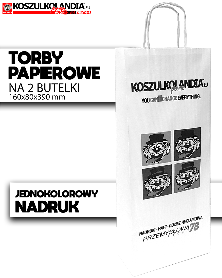 TORBA papierowa NA DWIE BUTELKI z nadrukiem JEDNOKOLOROWYM 160x80x390mm 80g/m2 biały prążek (uchwyt skręcany)